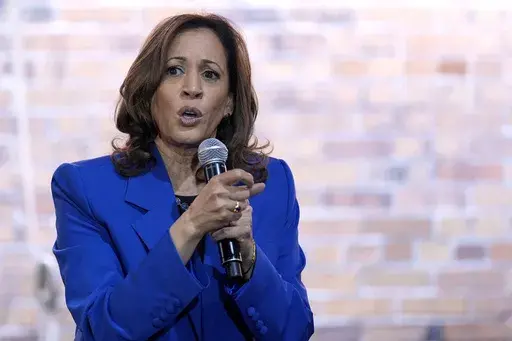 Democratic presidential nominee Vice President Kamala Harris speaks at a campaign event, Sunday, Aug. 18, 2024, in Rochester, Pa. (AP Photo/Julia Nikhinson)
