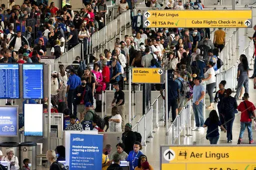 People wait in a TSA line at the John F. Kennedy International Airport in New York, Tuesday, June 28, 2022. With summer vacations winding down, airlines are counting on the return of more business travelers to keep their pandemic recovery going into fall 2022. Air travel in the United States, bolstered by huge numbers of tourists, has nearly recovered to pre-pandemic levels. Business travel, however, remains about 25% to 30% below 2019 levels, according to airlines and outfits that track sales. 