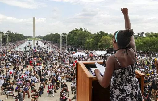 Yolanda Renee King, granddaughter of The Rev. Martin Luther King Jr., raises her fist as she speaks during the March on Washington, on the 57th anniversary of the Rev. Martin Luther King Jr.'s "I Have a Dream" speech on Aug. 28, 2020. California's first-in-the-nation task force on reparations is at a crossroads with members divided on which Black Americans should be eligible for compensation. The task force could vote on the question of eligibility on Tuesday, March 28, 2022, after putting it of