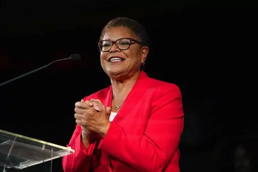 Los Angeles mayoral candidate Rep. Karen Bass, D-Calif., speaks at an election night party in Los Angeles, Tuesday, Nov. 8, 2022. (AP Photo/Jae C. Hong)