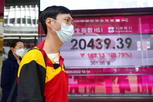 A man wearing a face mask walks past a bank's electronic board showing the Hong Kong share index in Hong Kong, Wednesday, May 18, 2022. Asian stock markets were mixed Wednesday after Wall Street rose and the Federal Reserve chairman said it will raise interest rates further if needed to cool inflation.(AP Photo/Kin Cheung)