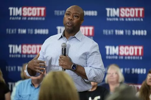Republican presidential candidate Sen. Tim Scott, R-S.C., speaks during a town hall meeting, Thursday, Aug. 31, 2023, in Oskaloosa, Iowa. (AP Photo/Charlie Neibergall, File)
