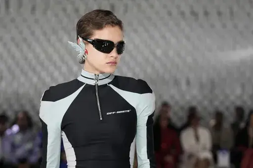 A model wears a creation as part of the Off-White Fall/Winter 2025-2026 Womenswear collection presented Thursday, March 6, 2025 in Paris. (AP Photo/Michel Euler)