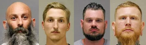 This combo shows booking photos of, from left, Barry Croft, Daniel Harris, Adam Fox and Brandon Caserta. Jurors are deliberating on verdicts following testimony at the trial of the four men accused of plotting to abduct Michigan Gov. Gretchen Whitmer in 2020. Jury selection begins Tuesday, April 5, 2022 in a trial that could last more than a month in federal court in Grand Rapids, Michigan. (Kent County Sheriff and Delaware Department of Justice via AP, File)