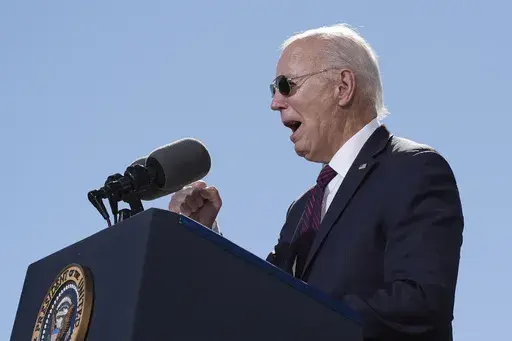 President Joe Biden speaks at the Gila Crossing Community School in the Gila River Indian Community reservation in Laveen, Ariz., Friday, Oct. 25, 2024. (AP Photo/Manuel Balce Ceneta)