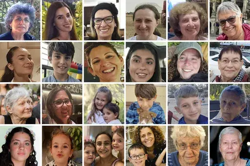 This combination of undated images shows residents of Kibbutz Nir Oz who have been freed from Hamas captivity in the Gaza Strip, where they had been held hostage since an Oct. 7 cross-border attack. Top row from left: Adina Moshe, Sapir Cohen, Ofelia Roitman, Irena Tati, Yelena Trupanov, Ada Sagi. Second row from left: Sahar Kalderon and her brother Erez Kalderon, Liat Atzili, Ilana Gritzewsky, Shani Goren, Channa Peri. Third row from left: Yaffa Adar, Nili Margalit, sisters Aviv, right, and Raz