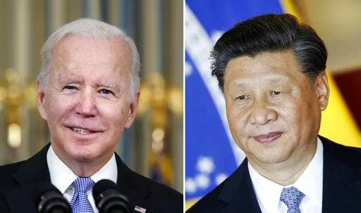 This combination image shows U.S. President Joe Biden in Washington, Nov. 6, 2021, and China's President Xi Jinping in Brasília, Brazil, Nov. 13, 2019. (AP Photo/Alex Brandon, Eraldo Peres, File)