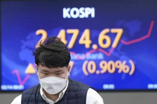 A currency trader walks by the screen showing the Korea Composite Stock Price Index (KOSPI) at a foreign exchange dealing room in Seoul, South Korea, Tuesday, Feb. 14, 2023. Asian shares mostly rose Tuesday, boosted by a rally on Wall Street, as investors waited for U.S. consumer price data due out later in the day. (AP Photo/Lee Jin-man)