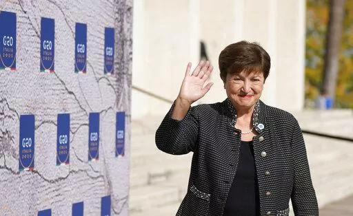 International Monetary Fund President Kristalina Georgieva waves as she arrives for a meeting of G20 finance and health ministers at the Salone delle Fontane (Hall of Fountains) in Rome, Oct. 29, 2021. (AP Photo/Alessandra Tarantino, File)