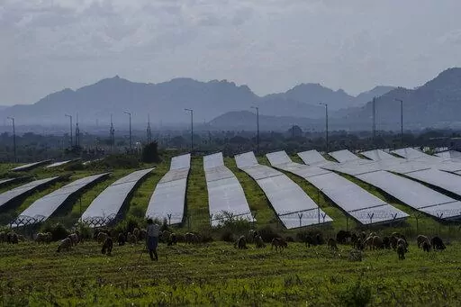 A solar power plant sits in Pavagada Tumkur district, in the southern Indian state of Karnataka, India, Thursday, Sept. 15, 2022. For countries to transition away from fossil fuels and toward cleaner energies like solar power, supply chains for components need to be more geographically diverse, officials said during a conference on solar energy in New Delhi said on Tuesday, Oct. 18. (AP Photo/Rafiq Maqbool)