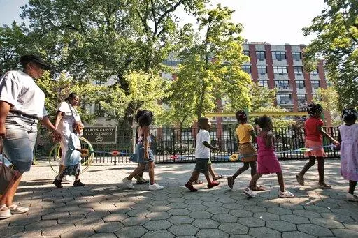 Children from a nearby daycare are escorted in Marcus Garvey Park in the Harlem neighborhood of New York Wednesday, Aug. 1, 2007. Some states have moved ahead with plans of their own to boost child care subsidies after a national effort by Democrats in Washington stalled. New York lawmakers passed a state budget in the spring that calls for it to spend $7 billion making child care more affordable over the next four years. (AP Photo/Bebeto Matthews, File)