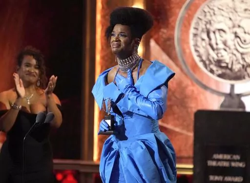 J. Harrison Ghee accepts the award for best performance by an actor in a leading role in a musical for "Some Like It Hot" at the 76th annual Tony Awards on Sunday, June 11, 2023, at the United Palace theater in New York. (Photo by Charles Sykes/Invision/AP)