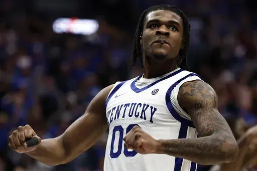 Kentucky guard Otega Oweh (00) reacts to play against Oklahoma during the second half of an NCAA college basketball game in the second round of the Southeastern Conference tournament, Thursday, March 13, 2025, in Nashville, Tenn. (AP Photo/Wade Payne)