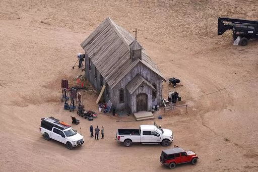 This aerial photo shows the movie set of "Rust" at Bonanza Creek Ranch in Santa Fe, N.M., on Saturday, Oct. 23, 2021. Prosecutors announced Thursday, Jan. 19, 2023 they are charging Baldwin with involuntary manslaughter in fatal shooting of cinematographer on movie set. (AP Photo/Jae C. Hong, File)