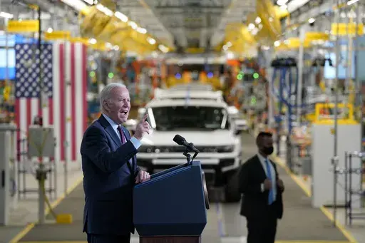 President Joe Biden speaks during a visit to the General Motors Factory ZERO electric vehicle assembly plant, Nov. 17, 2021, in Detroit. (AP Photo/Evan Vucci, File)