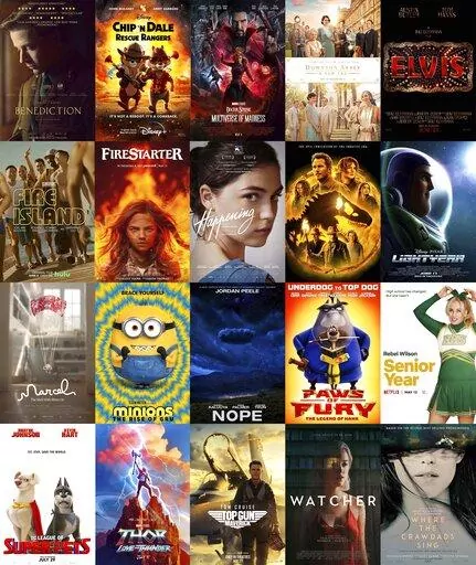 This combination of photos shows poster art for upcoming films, top row from left, "Benediction," "Chip ‘n Dale: Rescue Rangers," "Doctor Strange in the Multitude of Madness," "Downton Abbey: A New Era," "Elvis," second row from left, "Fire Island," "Firestarter," "Happening," "Jurassic World Dominion," "Lightyear," third row from left, "Marcel the Shell with Shoes On," "Minions: The Rise of Gru," "Nope," "Paws of Fury," "Senior Year," bottom row from left, "DC League of Super Pets," "Thor: Lo