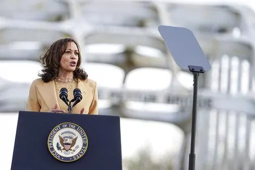 Vice President Kamala Harris speaks near the Edmund Pettus Bridge in Selma, Ala., on the anniversary of "Bloody Sunday," a landmark event of the civil rights movement, Sunday, March 6, 2022. (AP Photo/Brynn Anderson)