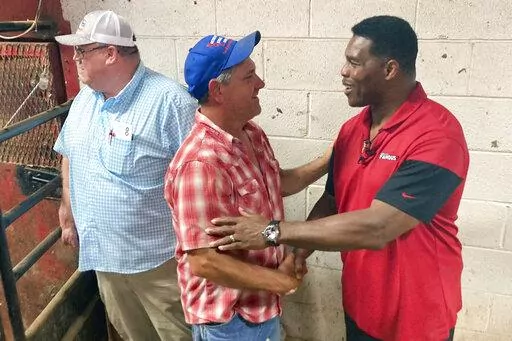 Republican U.S. Senate nominee Herschel Walker talks with a voter at a livestock auction in Athens, Ga., Wednesday, July 20, 2022, as Walker campaigns to unseat Democratic Sen. Raphael Warnock. (AP Photo/Bill Barrow)
