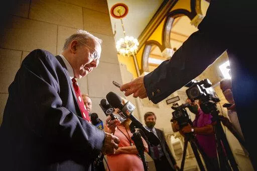 State Senate President Pro Tempore Martin Looney meets with reporters outside the Senate chamber June 9, 2021, in Hartford, Conn. The Connecticut Senate gave final legislative approval Friday to a bill abortion rights advocates contend is needed to protect in-state medical providers from legal action stemming from out-of-state laws, as well as the patients who travel to Connecticut to terminate a pregnancy and those who help them. Looney said lawmakers in Connecticut needed to pass the legislati