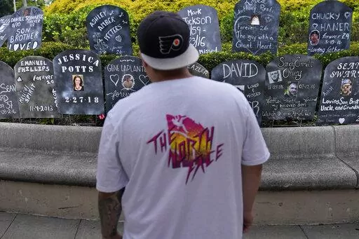 A man looks at cardboard gravestones with the names of victims of opioid abuse outside the courthouse where the Purdue Pharma bankruptcy is taking place in White Plains, N.Y., Monday, Aug. 9, 2021.  A federal appeals panel is scheduled to hear arguments on whether members of the Sackler family can be granted protection from lawsuits as part of a bankruptcy settlement for the company they own, OxyContin maker Purdue Pharma. If the company doesn’t get what it wants, it could have to fight off th