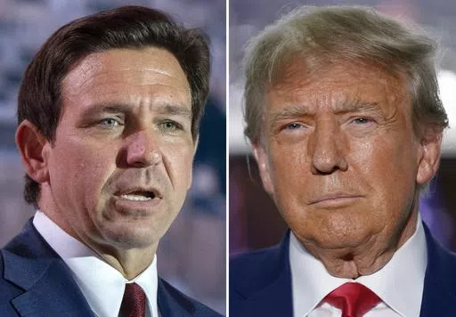 This combination of photos shows Florida Gov. Ron DeSantis speaking on July 17, 2023, in Arlington, Va., left, and former President Donald Trump speaking in Bedminster, N.J., June 13, 2023. Trump met privately with DeSantis over the weekend, according to two people familiar with the discussion, marking a detente between the former rivals after a brutal primary contest marked by insults and bruised egos. (AP Photo, File)