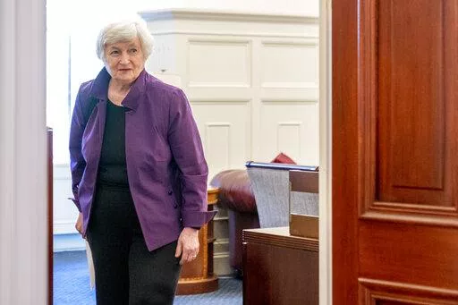 Treasury Secretary Janet Yellen arrives to meet with Irish Finance Minister Paschal Donohoe at the Treasury Department, Thursday, June 2, 2022, in Washington. Russia is poised to default on its foreign debt for the first time since the 1917 Bolshevik Revolution, further alienating the country from the global financial system amid its war in Ukraine. The country faces a Sunday, June 26, 2022 deadline to meet a 30-day grace period on interest payments originally due May 27. But it likely will take