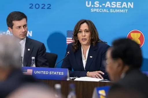 Vice President Kamala Harris, right, next to Transportation Secretary Pete Buttigieg, speaks during a plenary session of the US-ASEAN Summit, May 13, 2022, at the State Department in Washington. Harris is visiting Indonesia this week for the Association of Southeast Asian Nations summit. (AP Photo/Jacquelyn Martin, File)