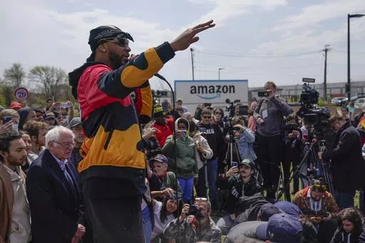 Chris Smalls, president of the Amazon Labor Union, speaks at a rally outside an Amazon warehouse on Staten Island in New York, April 24, 2022. Within union ranks, some felt Smalls was spending too much time traveling and giving speeches instead of organizing workers on Staten Island. (AP Photo/Seth Wenig, File)
