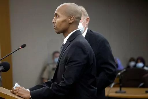 Former Minneapolis police officer Mohamed Noor addresses Judge Kathryn Quaintance at the Hennepin County Government Center, Thursday, Oct. 21, 2021, in Minneapolis. Noor, who fatally shot a woman who called 911 to report a possible sexual assault behind her home in 2017, is scheduled to be released from incarceration on Monday, June 27, 2022. (Elizabeth Flores/Star Tribune via AP, Pool, File)
