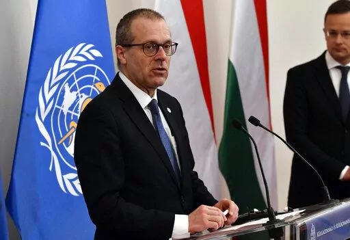 Hans Kluge, Regional Director for Europe at the World Health Organization (WHO) hold a press conference with Hungarian Minister of Foreign Affairs and Trade Peter Szijjarto, right, at the Ministry of Foreign Affairs and Trade in Budapest, April 21, 2021. The director of the World Health Organization’s Europe office said the continent is now facing a “plausible endgame” to the pandemic and that the number of coronavirus deaths is now starting to plateau. During a press briefing on Thursday,
