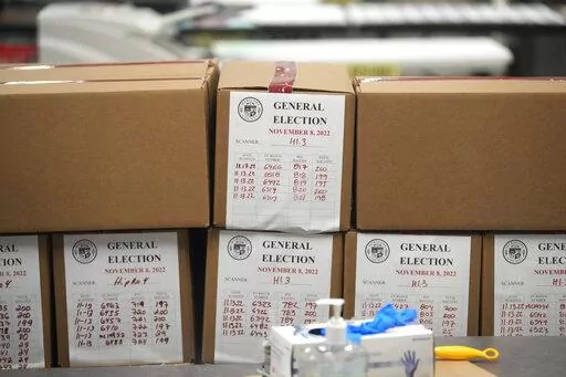 Ballots from the general election are boxed up at the Maricopa County Recorders Office in Phoenix, Monday, Nov. 14, 2022. On Friday, Dec. 9, The Associated Press reported on stories circulating online incorrectly claiming uncounted ballots that got mixed with counted ballots at voting sites in Arizona’s Maricopa County were not included in the final midterm election results. (AP Photo/Ross D. Franklin, File)