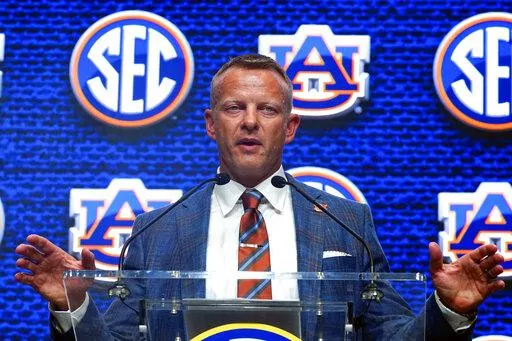 Auburn head coach Bryan Harsin speaks during NCAA college football Southeastern Conference Media Days, Thursday, July 21, 2022, in Atlanta. (AP Photo/John Bazemore)
