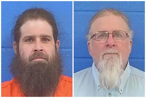 This combination of booking photos provided by Lincoln County Sheriff's Department show Brandon Case, left, and his father Gregory Charles Case on Feb. 1, 2022. The father and son were re-arrested Friday, Nov. 18 and have been indicted by a grand jury after allegedly chasing and shooting at a Black FedEx driver in January after he dropped off a package in a Mississippi city. (Lincoln County Sheriff's Department via AP)