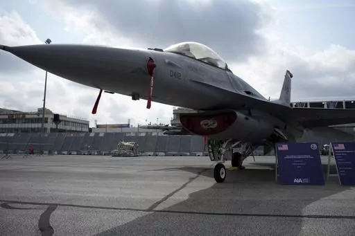 U.S. Air Force F-16 fighter jet is on display during the Paris Air Show in Le Bourget, north of Paris, France, Monday, June 19, 2023. The U.S. is beefing up its use of fighter jets around the strategic Strait of Hormuz to protect ships from Iranian seizures, a senior defense official said Friday, July 14, adding that the U.S. is increasingly concerned about the growing ties between Iran, Russia and Syria across the Middle East. (AP Photo/Lewis Joly, File)