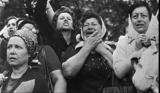 Members of the Mothers of Plaza de Mayo protest in San Martin Square in Buenos Aires, Argentina, Nov. 21, 1977. Week after week, since April 1977, the mothers of disappeared children have gathered at the square that provided the group with its name, despite being discredited during the dictatorship as “crazy” and “terrorists.” (AP Photo, File)