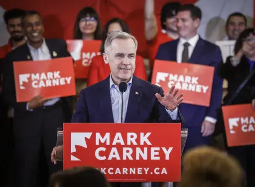 Liberal Party of Canada leadership candidate Mark Carney addresses supporters in Calgary, Alberta, Tuesday, March 4, 2025. (Jeff McIntosh/The Canadian Press via AP)