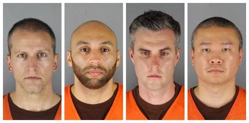 FILE -This combination of photos provided by the Hennepin County Sheriff's Office in Minnesota on Wednesday, June 3, 2020, shows Derek Chauvin, from left, J. Alexander Kueng, Thomas Lane and Tou Thao. Federal prosecutors asked a judge to sentence one of the four former Minneapolis police officers convicted of civil rights violations in George Floyd's killing to as many as 6 1/2 years in prison but to impose significantly stiffer sentences on two others. (Hennepin County Sheriff's Office via AP, 