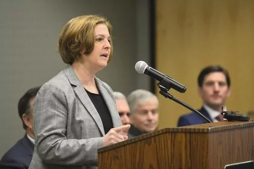Texas A&M President Katherine Banks speaks during an announcement about the Texas A&M-Concho Engineering Academy, Feb. 14, 2019, in the Carrasco Room at Midland College in Midland, Texas. Texas A&M University announced Friday, July 21, 2023, that Banks has resigned after a Black journalist's celebrated hiring at one of the nation's largest campuses unraveled following pushback over her diversity and inclusion work.(James Durbin/Reporter-Telegram via AP)