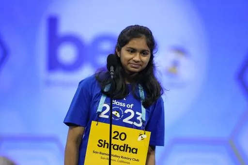 Shradha Rachamreddy, 13, from San Jose, Calif., competes during the Scripps National Spelling Bee, Tuesday, May 30, 2023, in Oxon Hill, Md. (AP Photo/Alex Brandon)