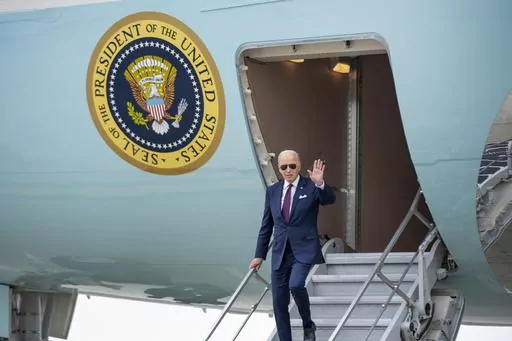 President Joe Biden arrives at John F. Kennedy International Airport in New York, Thursday, June 29, 2023, to attend campaign receptions. (AP Photo/Andrew Harnik)