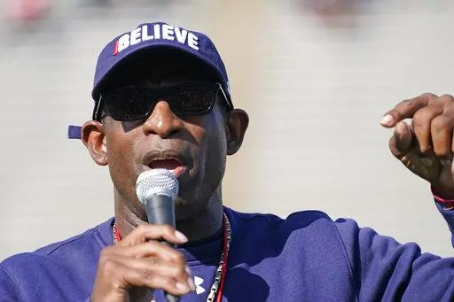 Jackson State football coach Deion Sanders speaks to the fans prior to the Jackson State's Blue and White Spring football game, an NCAA college football contest, Sunday, April 24, 2022, in Jackson, Miss. (AP Photo/Rogelio V. Solis)