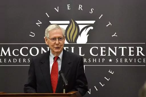Senate Minority Leader Mitch McConnell, R-Ky., gives remarks during a presentation at the University of Louisville in Louisville, Ky., Tuesday, April 2, 2024. With his days as Republican leader now numbered, the Kentuckian is talking more freely about his priorities once he's no longer calling the shots for his party. (AP Photo/Timothy D. Easley, File)