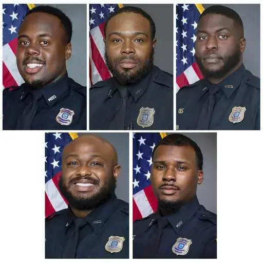 This combo of images provided by the Memphis, Tenn., Police Department shows, top row from left, officers Tadarrius Bean, Demetrius Haley, Emmitt Martin III, and bottom row from left, Desmond Mills Jr. and Justin Smith. The five former Memphis police officers are now facing federal civil rights charges in the beating death of Tyre Nichols as they continue to fight second-degree murder charges in state courts arising from the killing. They were indicted Tuesday, Sept. 12, 2023, in U.S. District C