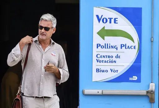 A voter exits the polling station on Election Day at the Little Haiti Cultural Complex's Caribbean Marketplace in Miami's Little Haiti neighborhood on Tuesday, Nov. 5, 2024. (Carl Juste/Miami Herald via AP)