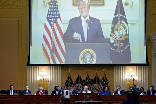 A video of President Donald Trump recording a statement on Jan. 7, 2021, is played, as the House select committee investigating the Jan. 6 attack on the U.S. Capitol holds a hearing at the Capitol in Washington, Thursday, July 21, 2022. (Al Drago/Pool via AP)