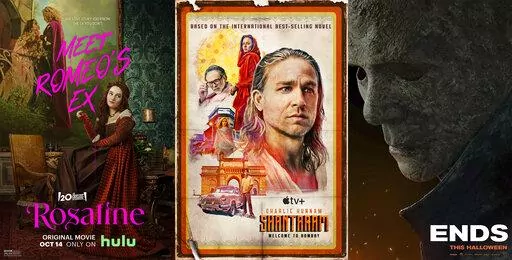 This combination of photos shows promotional art for the film "Rosaline," from left, the series Shantaram,” and the film "Halloween Ends," all premiering Friday, Oct. 14 on Hulu, Apple TV+ and Peacock respectively. (Hulu/Apple TV+/Peacock via AP)