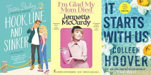 This combination of images shows book cover art for 2022 releases "Hook, Line and Sinker" by Tessa Bailey, "I'm Glad My Mom Died," a memoir by Jennette McCurdy, and "It Starts with Us" by Colleen Hoover. (Avon/Simon & Schuster/Atria via AP)