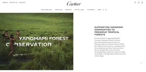 This frame, which was removed from Cartier's website, features an image of four Yanomami children playing in a lush green field while at the top of the page are links to purchase high-end jewelry. The French luxury jewelry brand said it was working to promote the culture of the Indigenous people and protect the rainforest. But the project that the site described never took place, and Cartier took down the photo when contacted by The Associated Press. (Cartier via AP)