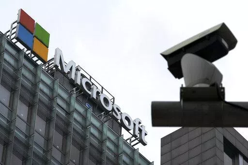 A security surveillance camera is seen near the Microsoft office building in Beijing, July 20, 2021. Coinciding with unrelenting cyberattacks against Ukraine, state-backed Russian hackers have engaged in “strategic espionage” against governments, think tanks, businesses and aid groups in 42 countries supporting Kyiv, Microsoft says in a new report.   (AP Photo/Andy Wong, File)