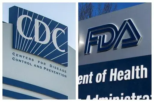 This combination of 2022 and 2020 file  photos shows logos for the U.S. Centers for Disease Control and Prevention and the Food and Drug Administration. On Wednesday, June 15, 2022, both Moderna and Pfizer will have to convince what’s essentially a science court -- advisers to the Food and Drug Administration -- that their shots work well in babies, toddlers and preschoolers. If the FDA’s advisers endorse one or both shots for them -- and the FDA agrees -- there’s still another hurdle. The